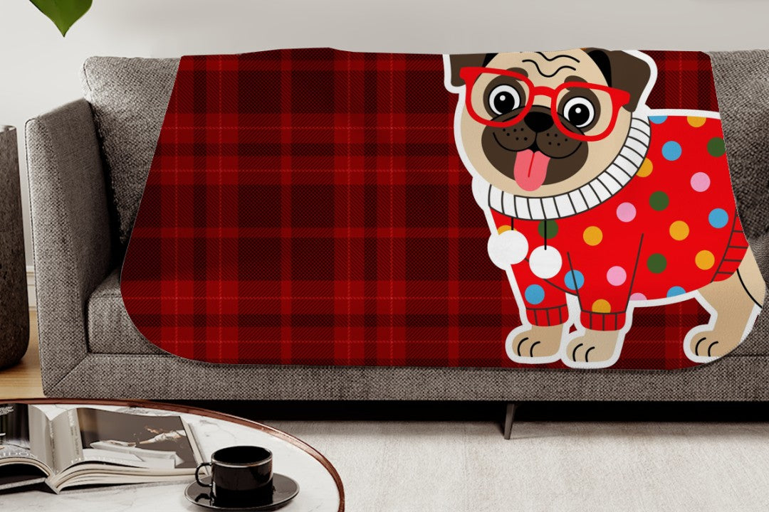 Sherpa Throw Blanket Christmas Pug Plaid Design Soft Plush Throw Blank-Home Decor-Jacobson Cottage
