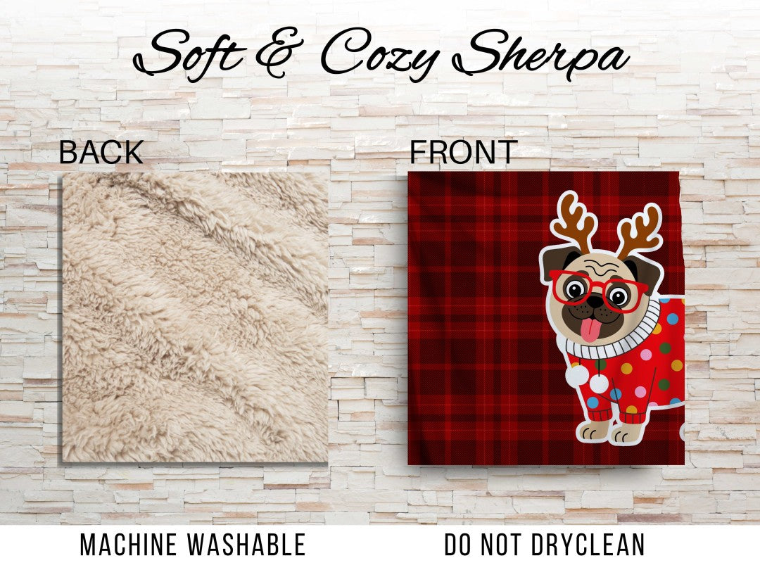 Sherpa Throw Blanket Christmas Pug Plaid Design Soft Plush Throw Blank-Home Decor-Jacobson Cottage