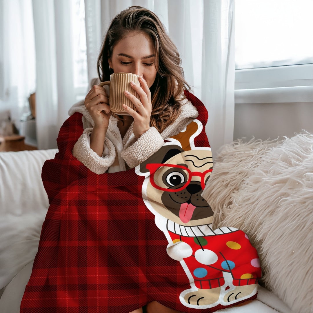Sherpa Throw Blanket Christmas Pug Plaid Design Soft Plush Throw Blank-Home Decor-Jacobson Cottage