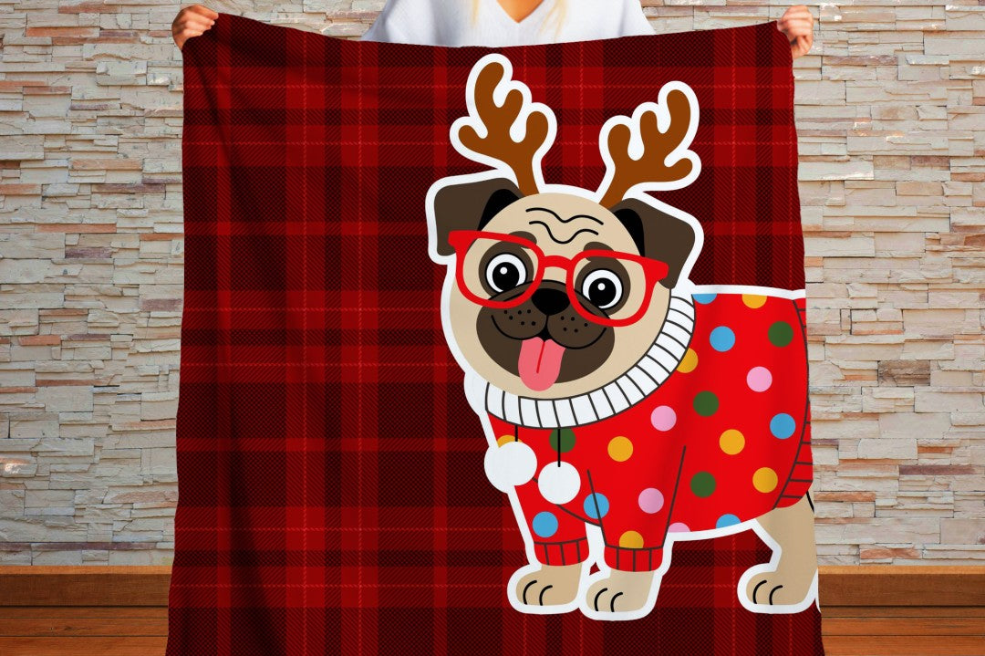 Sherpa Throw Blanket Christmas Pug Plaid Design Soft Plush Throw Blank-Home Decor-Jacobson Cottage