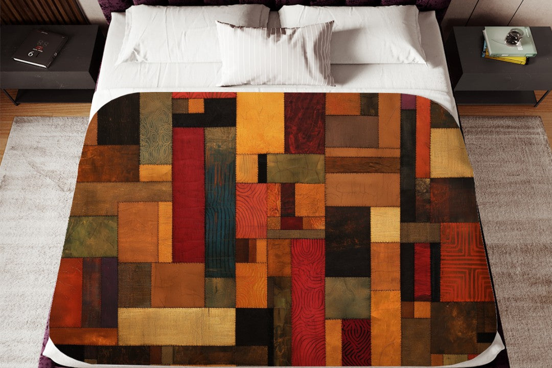 Sherpa Throw Blanket Autumn Patchwork Art Printed Design Soft Plush Throw Blanket