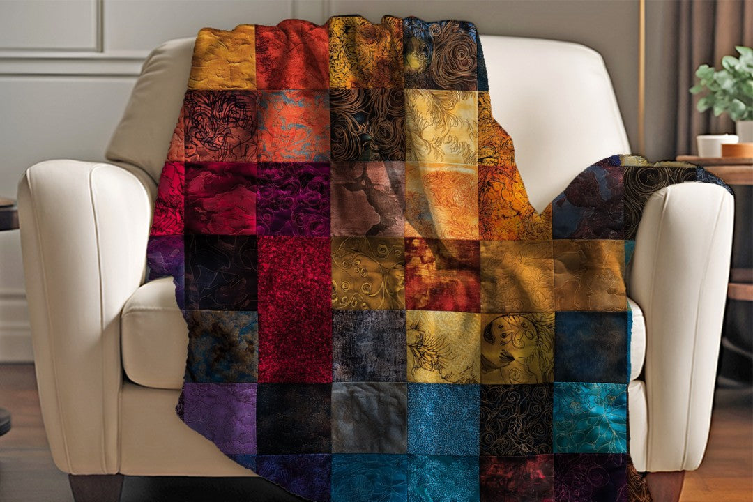 Sherpa Throw Blanket Autumn Patchwork Jewel tone Art Printed Design Soft Plush Throw Blanket