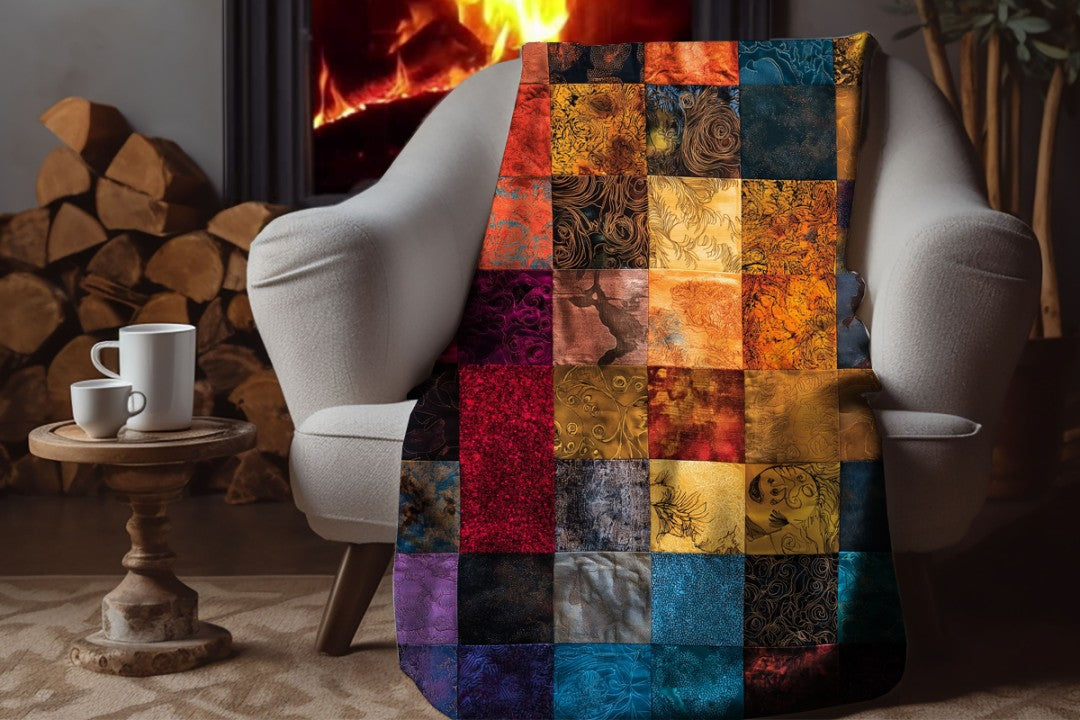 Sherpa Throw Blanket Autumn Patchwork Jewel tone Art Printed Design Soft Plush Throw Blanket