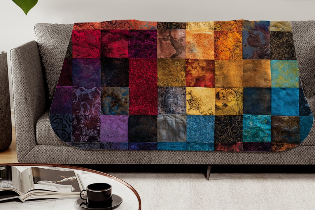 Sherpa Throw Blanket Autumn Patchwork Jewel tone Art Printed Design Soft Plush Throw Blanket