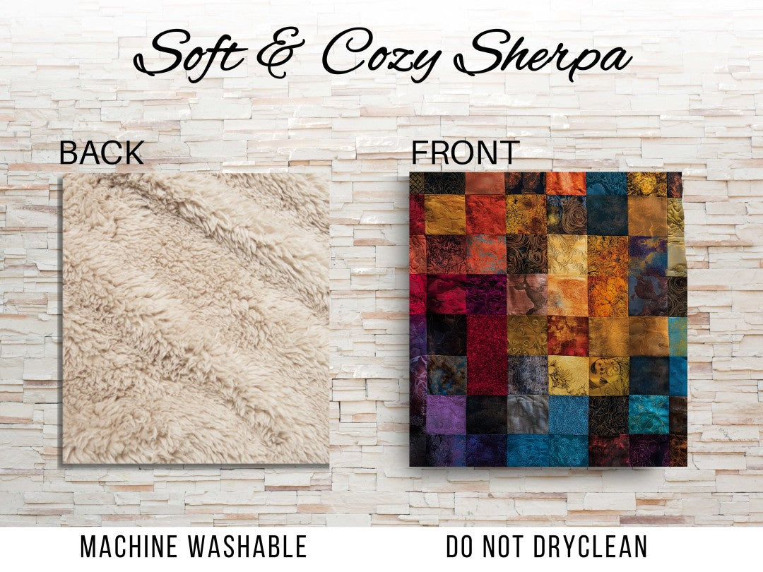 Sherpa Throw Blanket Autumn Patchwork Jewel tone Art Printed Design Soft Plush Throw Blanket