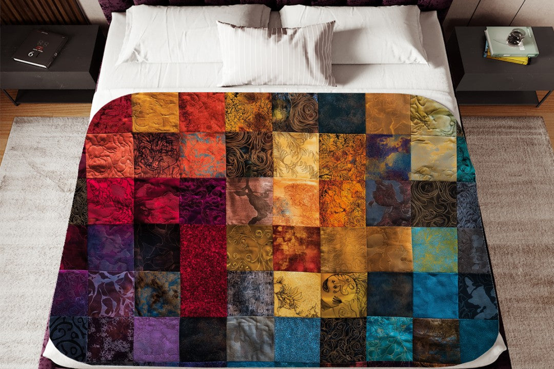 Sherpa Throw Blanket Autumn Patchwork Jewel tone Art Printed Design Soft Plush Throw Blanket