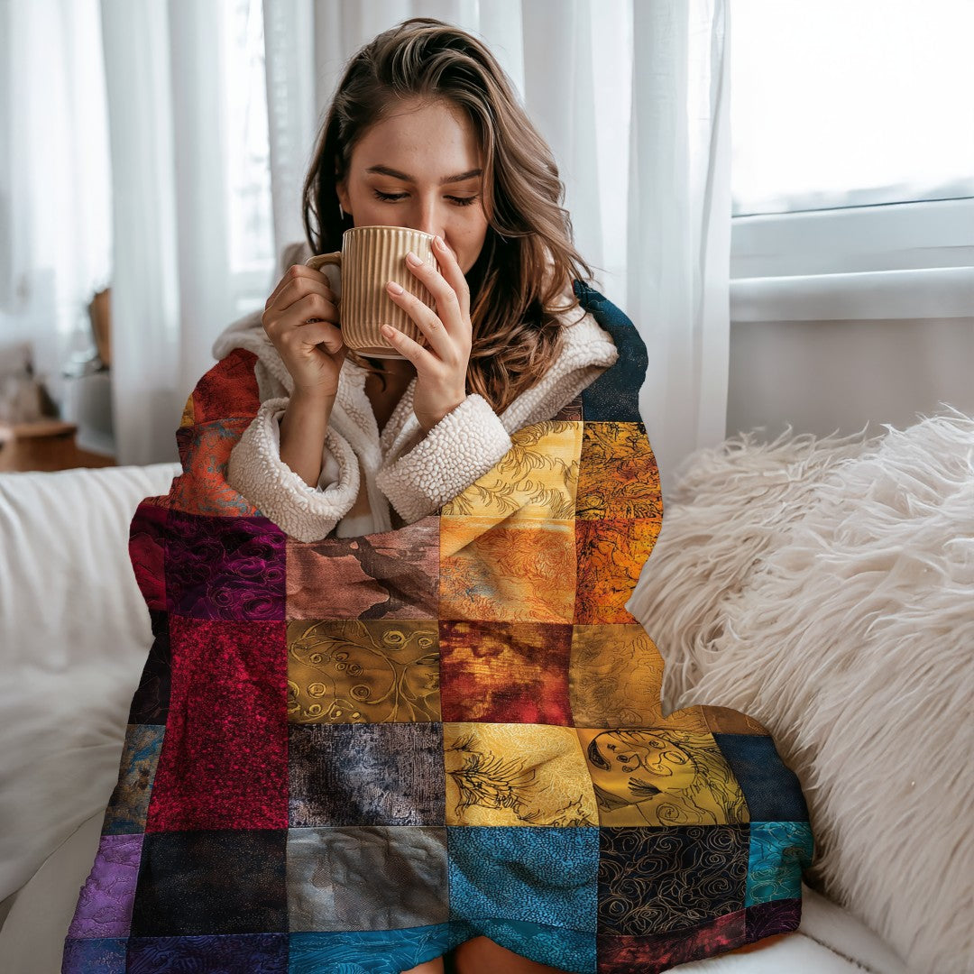 Sherpa Throw Blanket Autumn Patchwork Jewel tone Art Printed Design Soft Plush Throw Blanket