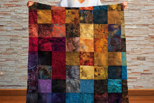 Sherpa Throw Blanket Autumn Patchwork Jewel tone Art Printed Design Soft Plush Throw Blanket