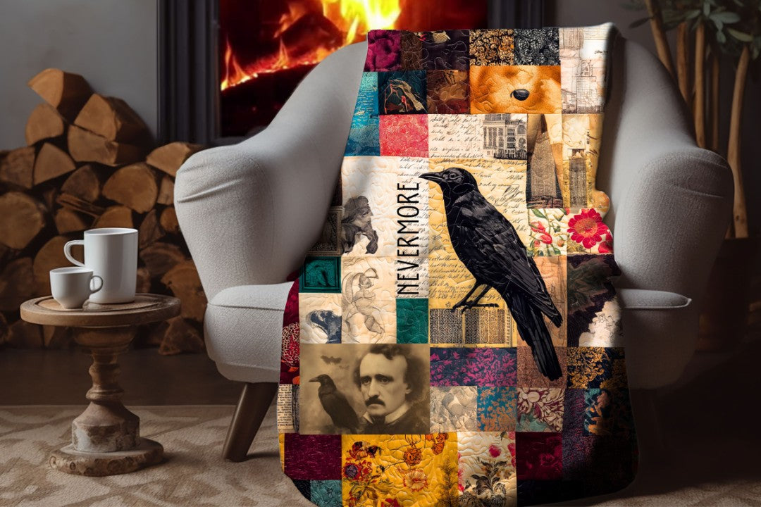 Sherpa Throw Blanket Autumn Patchwork Edgar Allan Poe Nevermore Design Soft Plush Throw Blanket