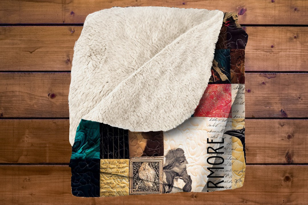 Sherpa Throw Blanket Autumn Patchwork Edgar Allan Poe Nevermore Design Soft Plush Throw Blanket