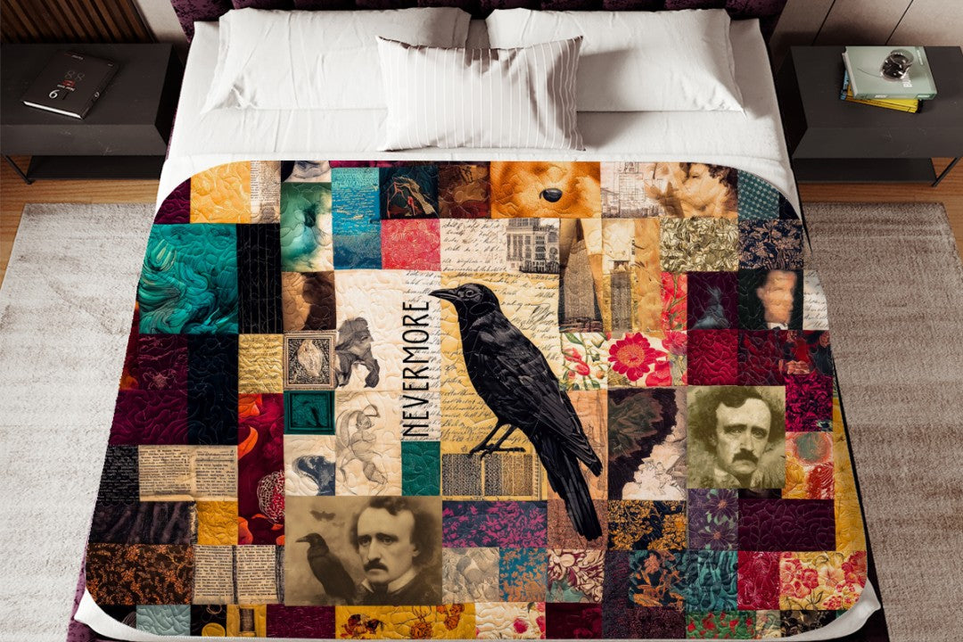 Sherpa Throw Blanket Autumn Patchwork Edgar Allan Poe Nevermore Design Soft Plush Throw Blanket