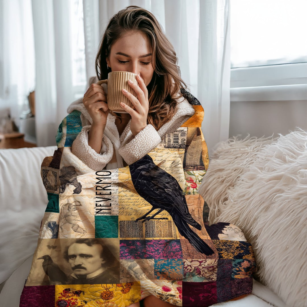 Sherpa Throw Blanket Autumn Patchwork Edgar Allan Poe Nevermore Design Soft Plush Throw Blanket