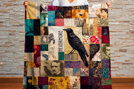 Sherpa Throw Blanket Autumn Patchwork Edgar Allan Poe Nevermore Design Soft Plush Throw Blanket