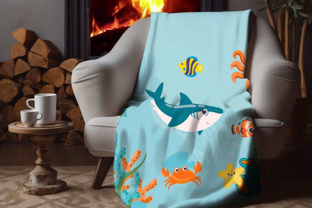 Sherpa Throw Blanket - Children's Sea Animals  - Soft Plush Throw Blanket