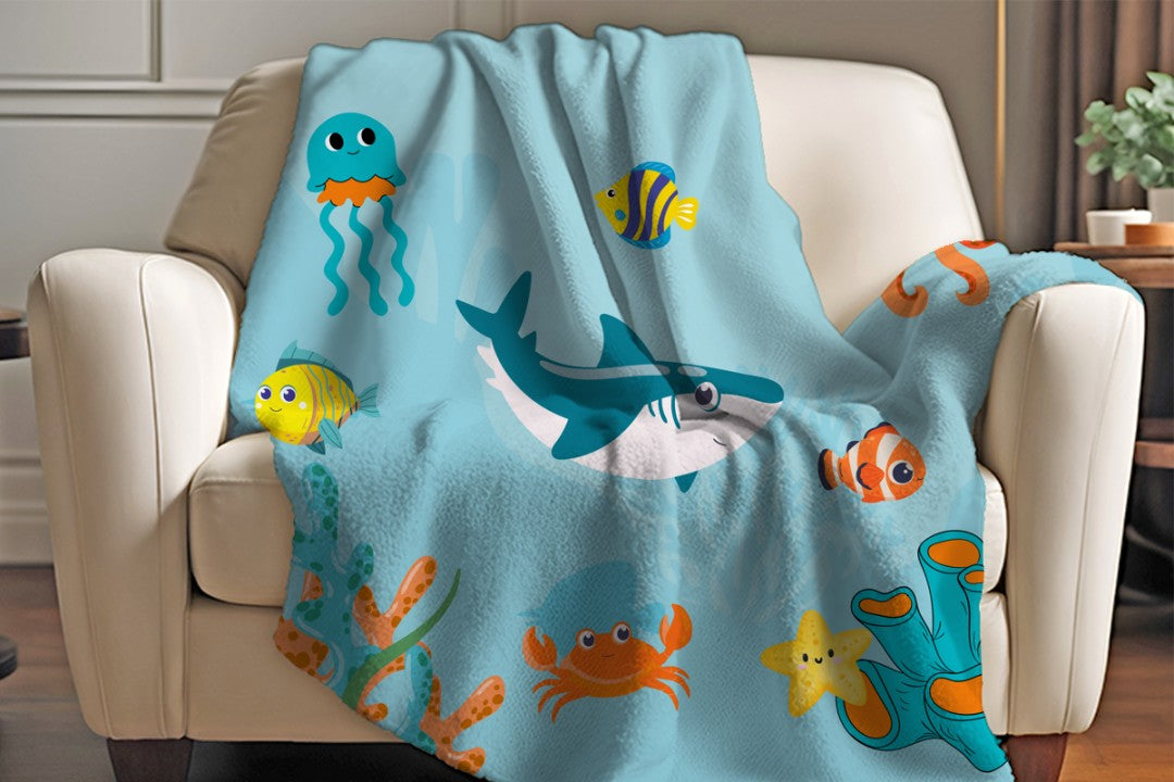Sherpa Throw Blanket - Children's Sea Animals  - Soft Plush Throw Blanket
