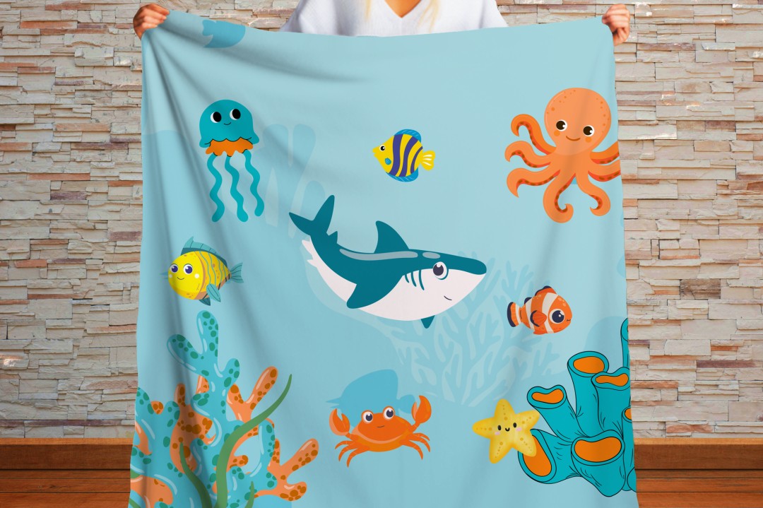 Sherpa Throw Blanket - Children's Sea Animals  - Soft Plush Throw Blanket