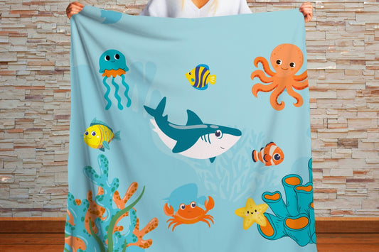 Sherpa Throw Blanket - Children's Sea Animals  - Soft Plush Throw Blanket