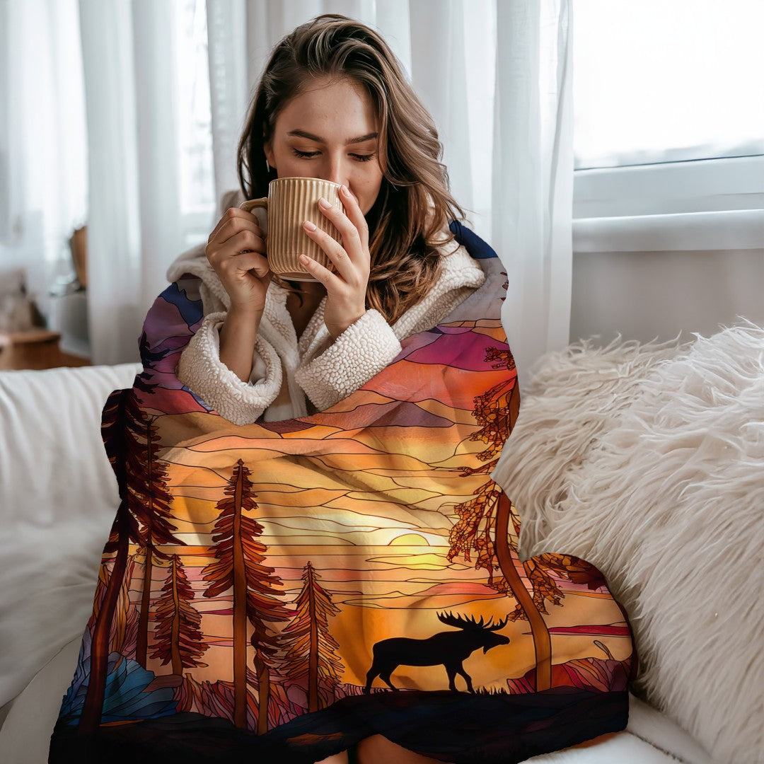 Sherpa Throw Blanket - Moose Stained Glass at Sunset - Soft Plush Throw Blanket