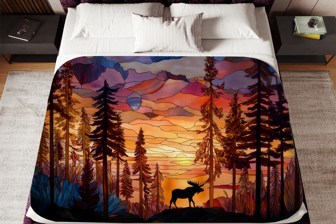Sherpa Throw Blanket - Moose Stained Glass at Sunset - Soft Plush Throw Blanket