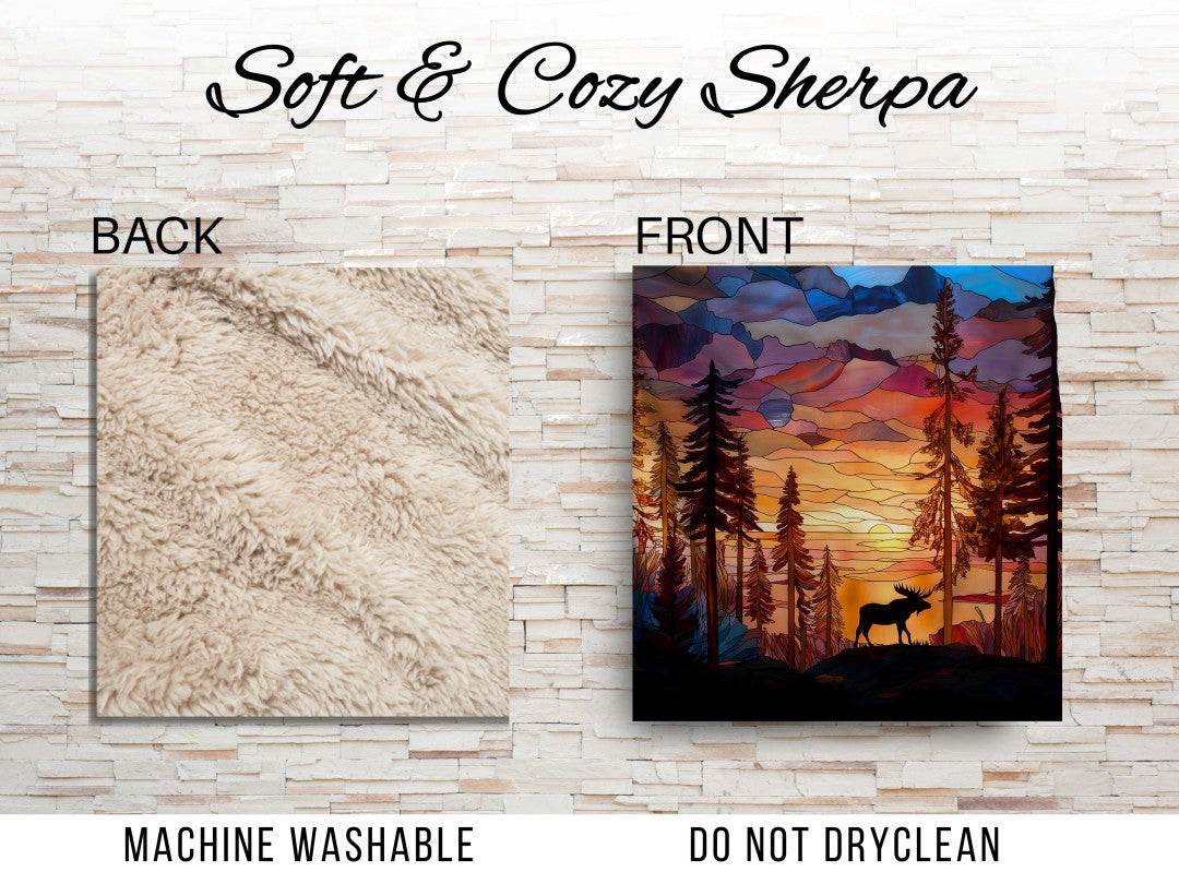 Sherpa Throw Blanket - Moose Stained Glass at Sunset - Soft Plush Throw Blanket