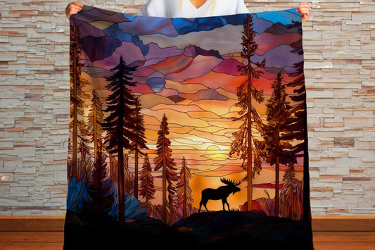 Sherpa Throw Blanket - Moose Stained Glass at Sunset - Soft Plush Throw Blanket