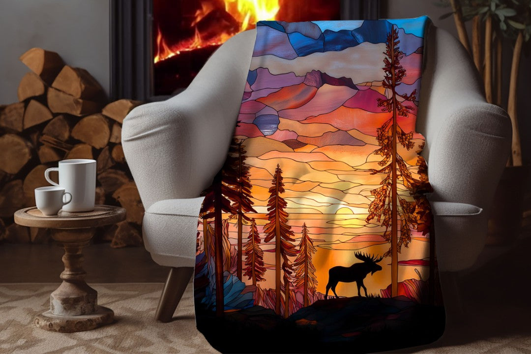 Sherpa Throw Blanket - Moose Stained Glass at Sunset - Soft Plush Throw Blanket