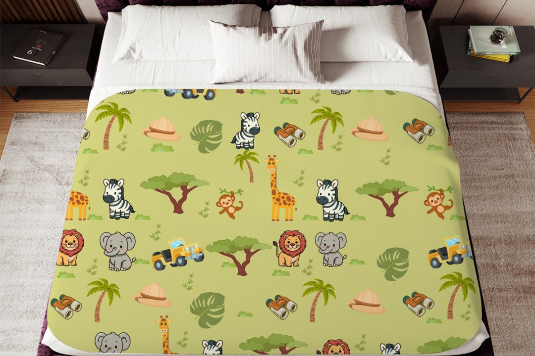 Sherpa Throw Blanket - Green Childs Safari Pattern - Soft Plush Throw Blanket