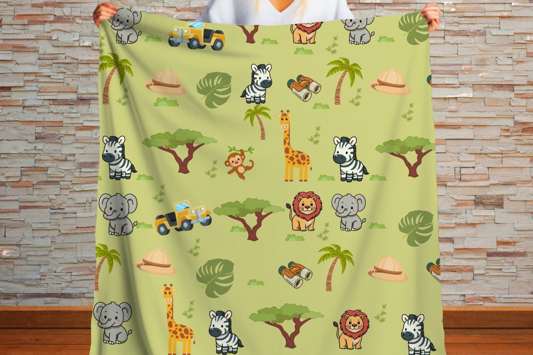 Sherpa Throw Blanket - Green Childs Safari Pattern - Soft Plush Throw Blanket