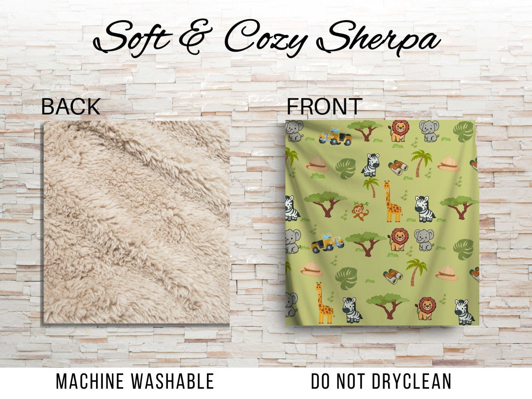 Sherpa Throw Blanket - Green Childs Safari Pattern - Soft Plush Throw Blanket