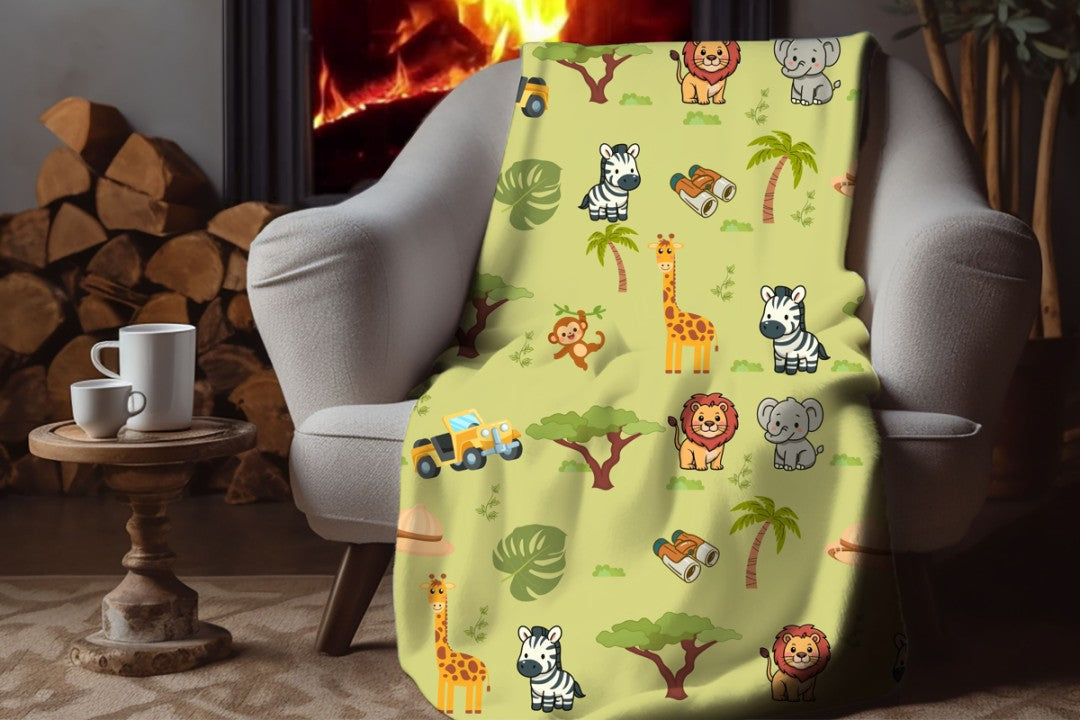 Sherpa Throw Blanket - Green Childs Safari Pattern - Soft Plush Throw Blanket