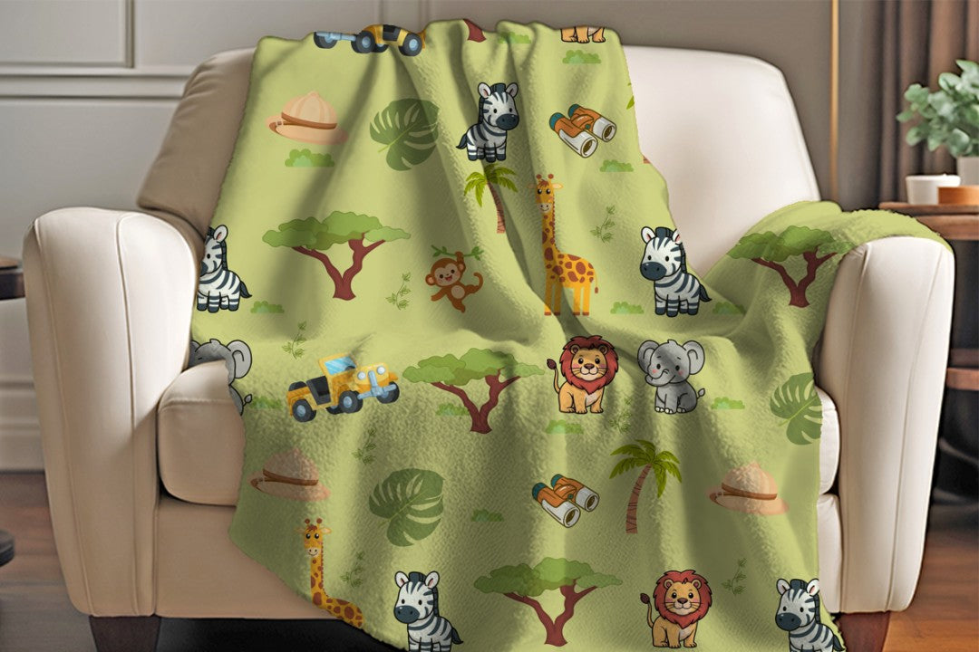 Sherpa Throw Blanket - Green Childs Safari Pattern - Soft Plush Throw Blanket