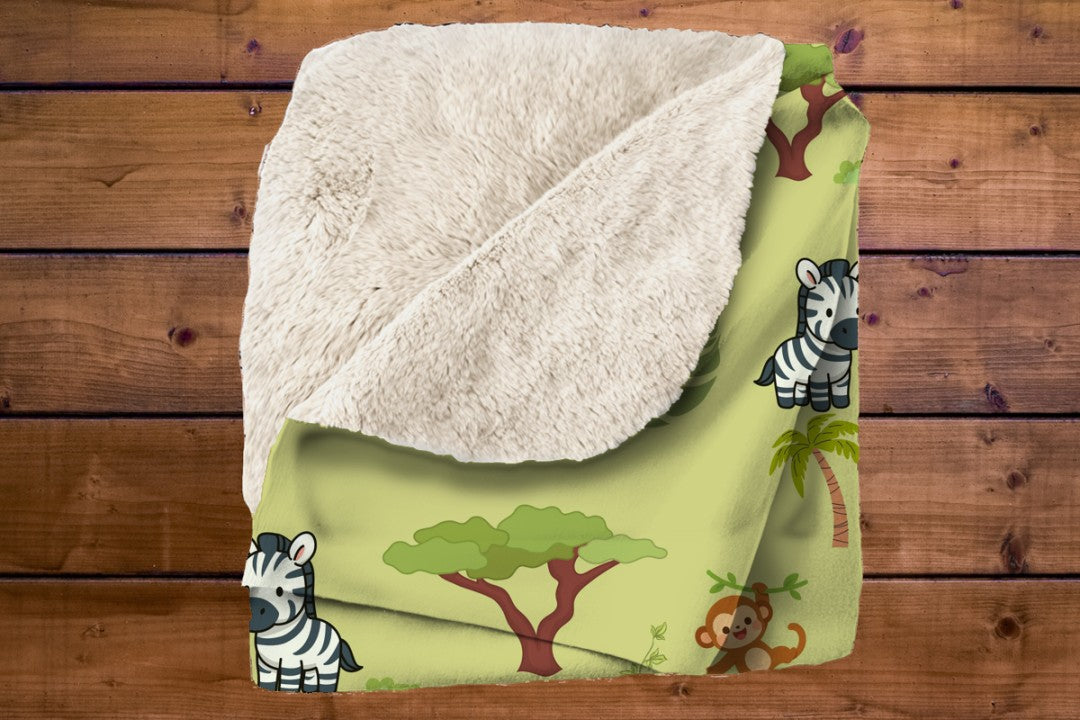 Sherpa Throw Blanket - Green Childs Safari Pattern - Soft Plush Throw Blanket