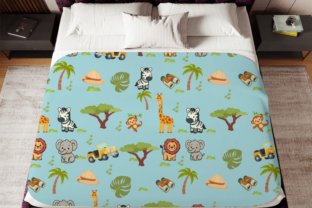 Sherpa Throw Blanket - Blue Children's Safari Pattern - Soft Plush Throw Blanket