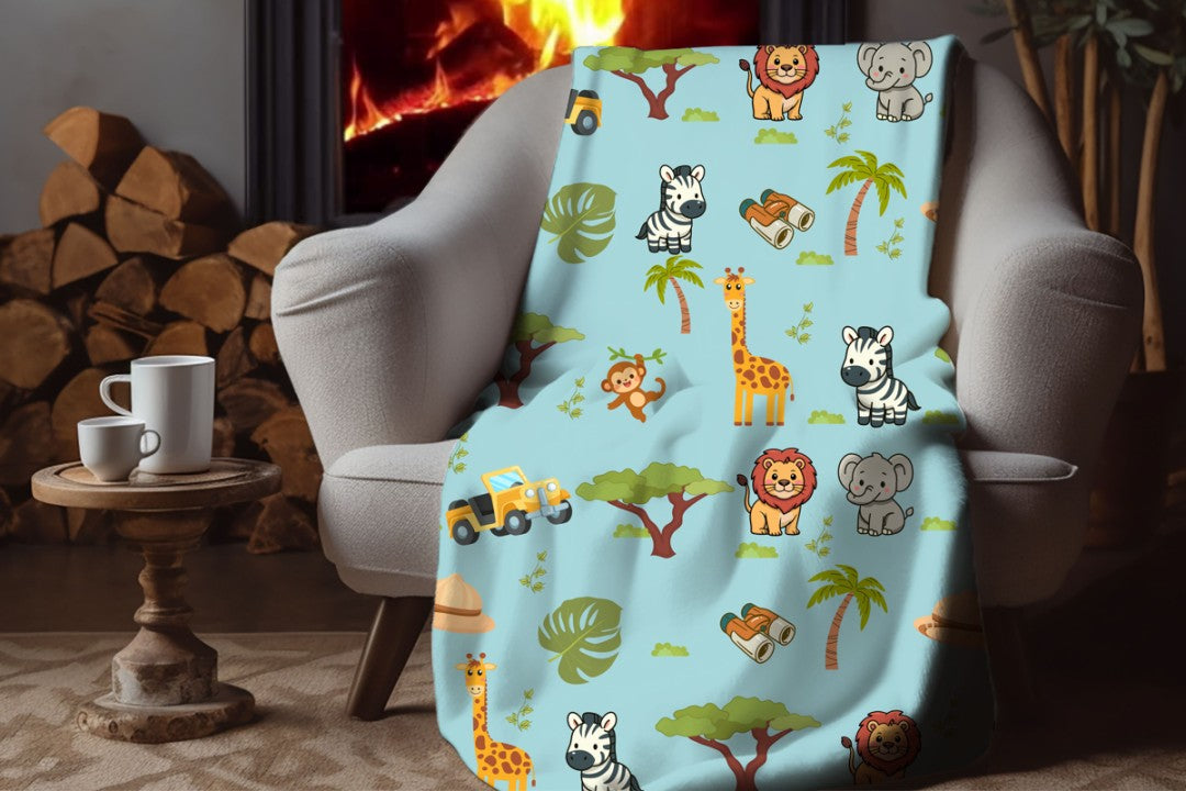 Sherpa Throw Blanket - Blue Children's Safari Pattern - Soft Plush Throw Blanket