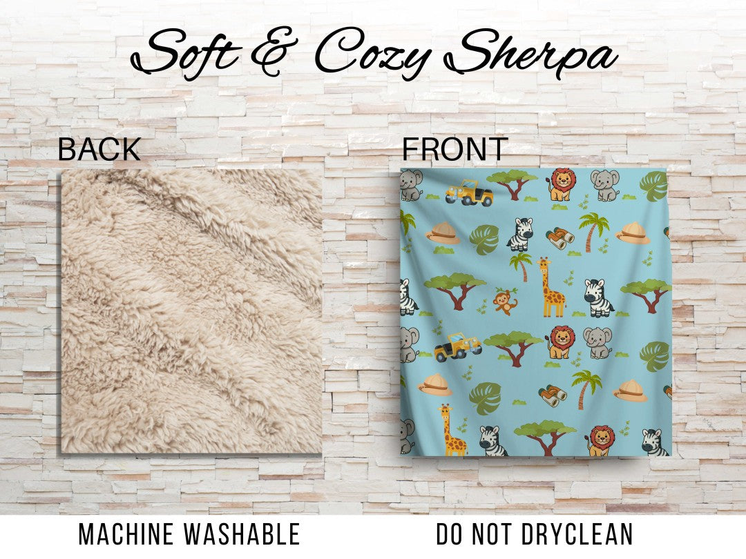 Sherpa Throw Blanket - Blue Children's Safari Pattern - Soft Plush Throw Blanket