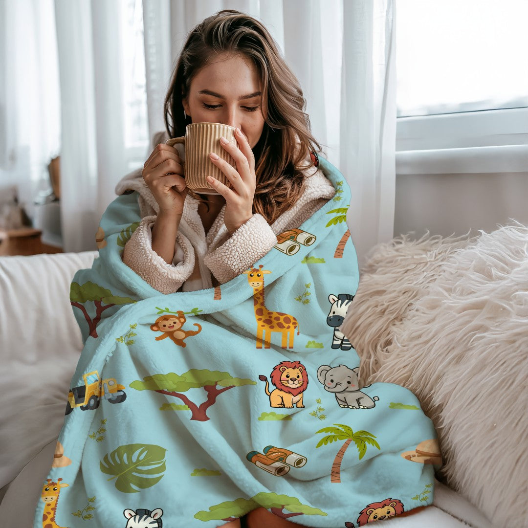 Sherpa Throw Blanket - Blue Children's Safari Pattern - Soft Plush Throw Blanket