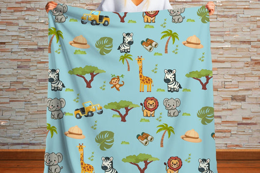Sherpa Throw Blanket - Blue Children's Safari Pattern - Soft Plush Throw Blanket