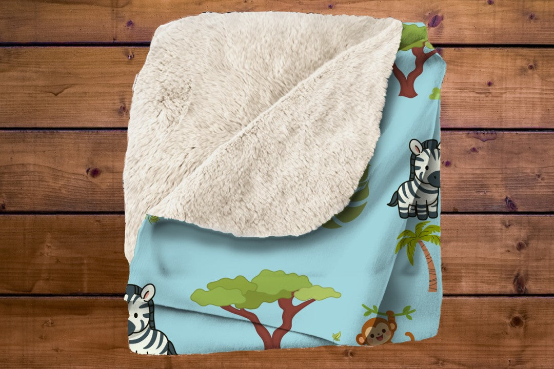 Sherpa Throw Blanket - Blue Children's Safari Pattern - Soft Plush Throw Blanket