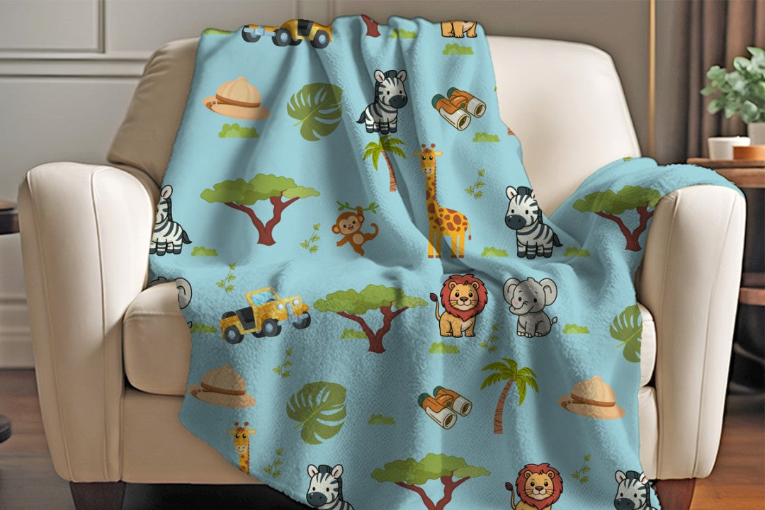 Sherpa Throw Blanket - Blue Children's Safari Pattern - Soft Plush Throw Blanket