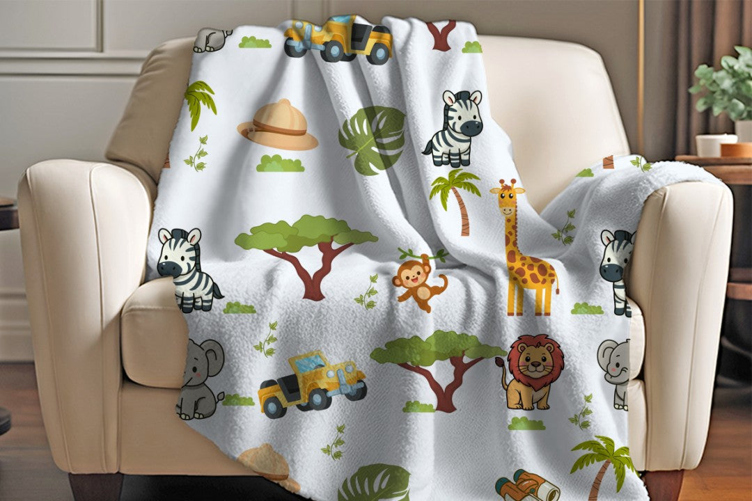 Sherpa Throw Blanket - White Children's Safari Blanket - Soft Plush Throw Blanket