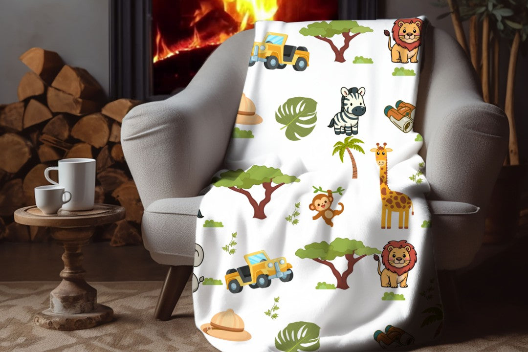 Sherpa Throw Blanket - White Children's Safari Blanket - Soft Plush Throw Blanket
