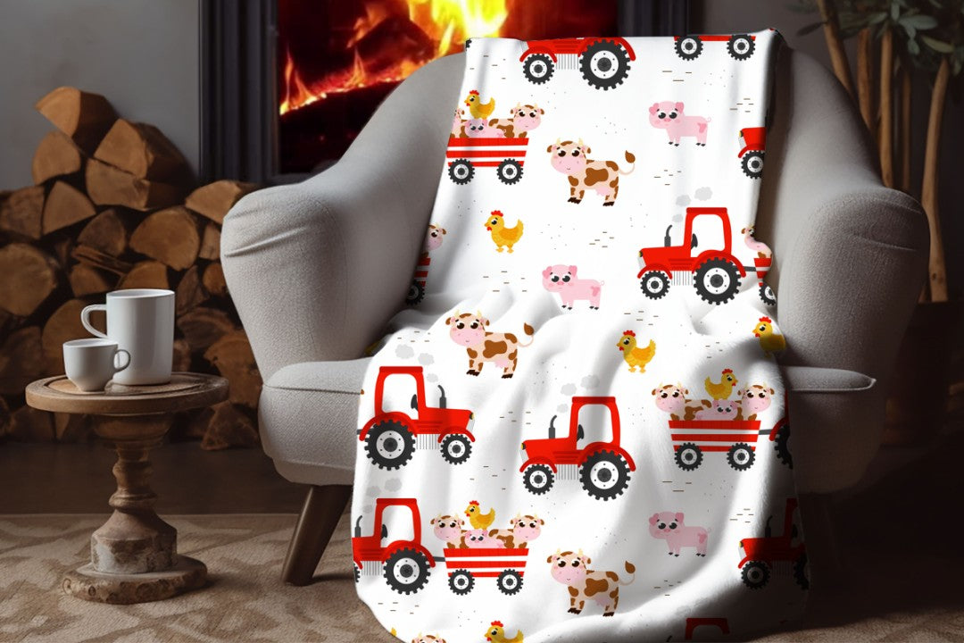 Sherpa Throw Blanket - Farm Animals and Tractor - Soft Plush Throw Blanket