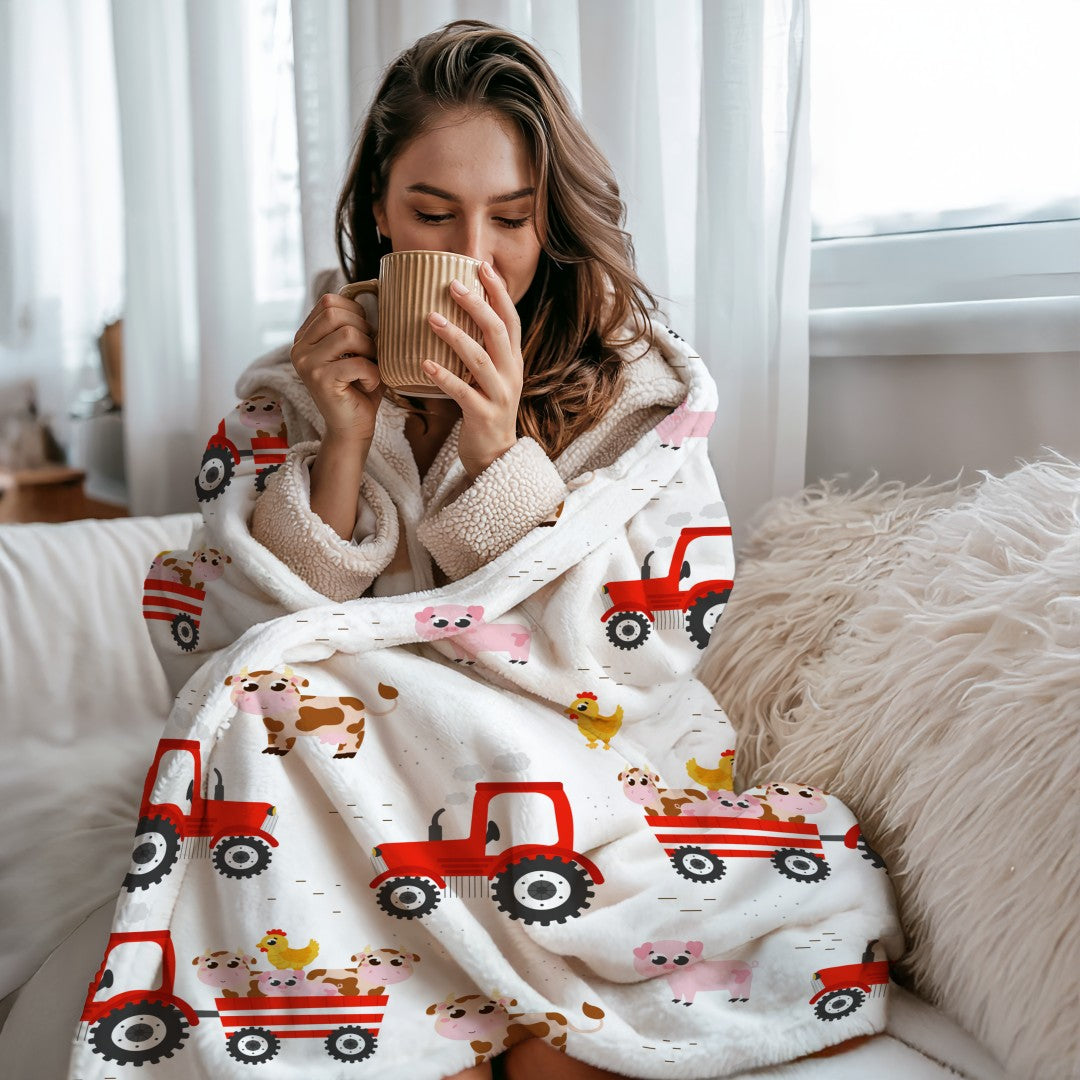 Sherpa Throw Blanket - Farm Animals and Tractor - Soft Plush Throw Blanket