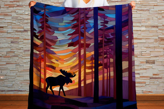Sherpa Throw Blanket - Moose Stained Glass in Woods - Soft Plush Throw Blanket