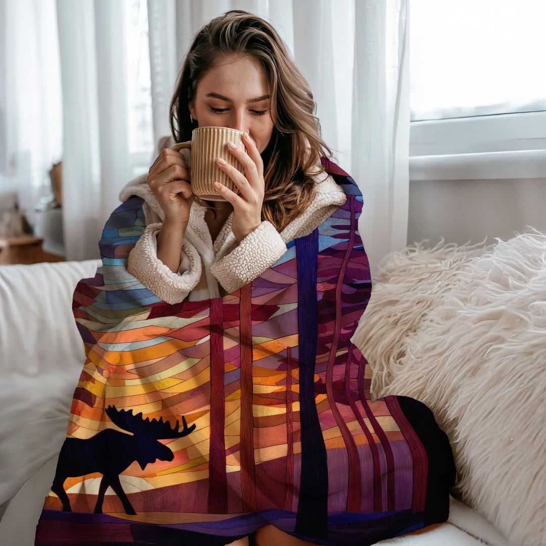 Sherpa Throw Blanket - Moose Stained Glass in Woods - Soft Plush Throw Blanket