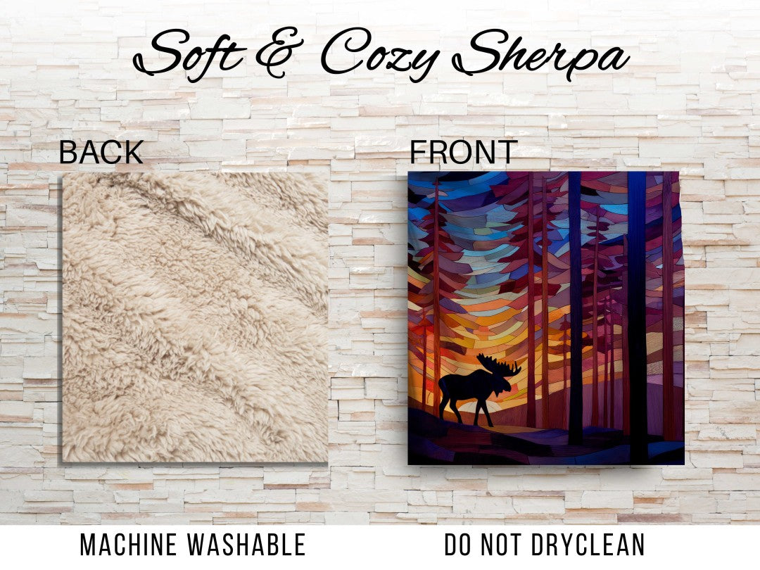 Sherpa Throw Blanket - Moose Stained Glass in Woods - Soft Plush Throw Blanket