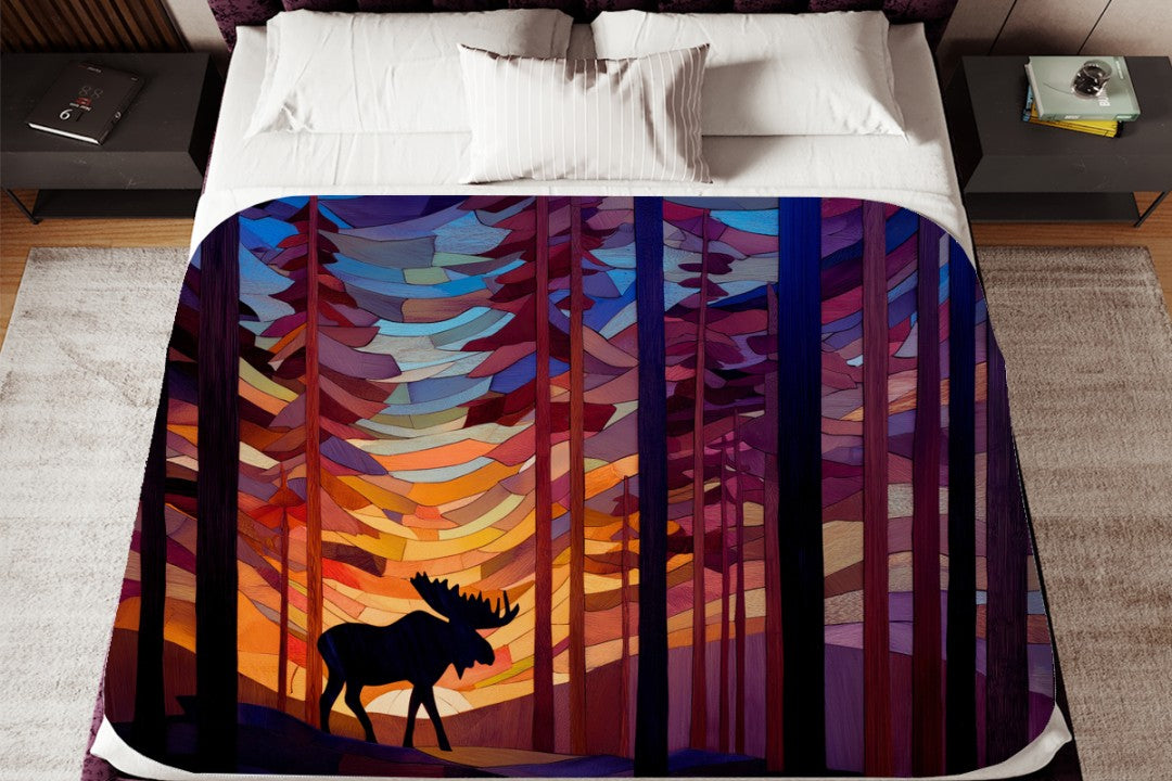 Sherpa Throw Blanket - Moose Stained Glass in Woods - Soft Plush Throw Blanket