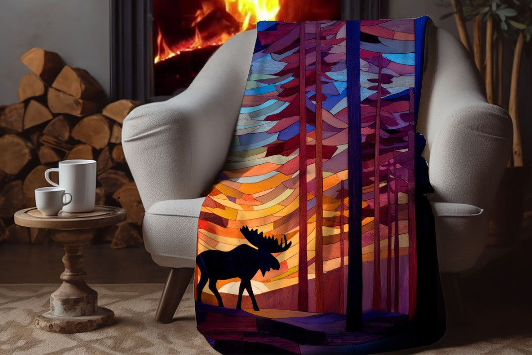 Sherpa Throw Blanket - Moose Stained Glass in Woods - Soft Plush Throw Blanket