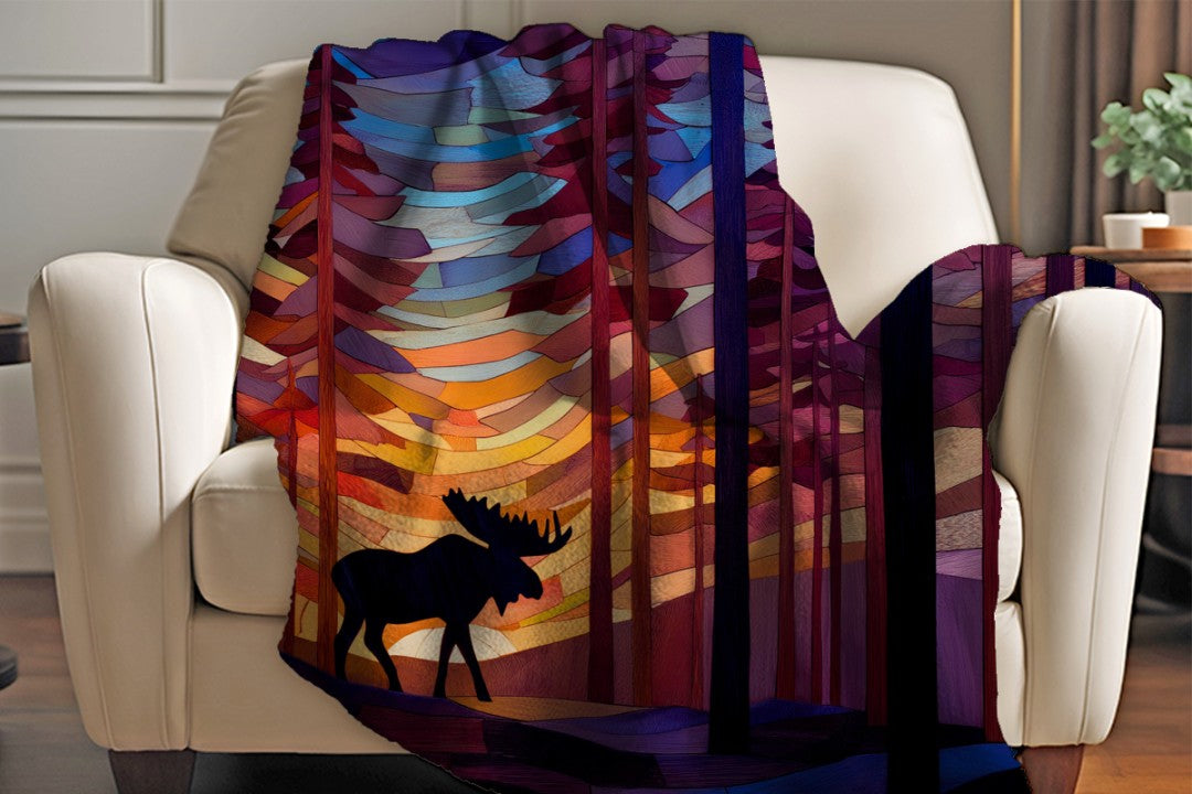 Sherpa Throw Blanket - Moose Stained Glass in Woods - Soft Plush Throw Blanket