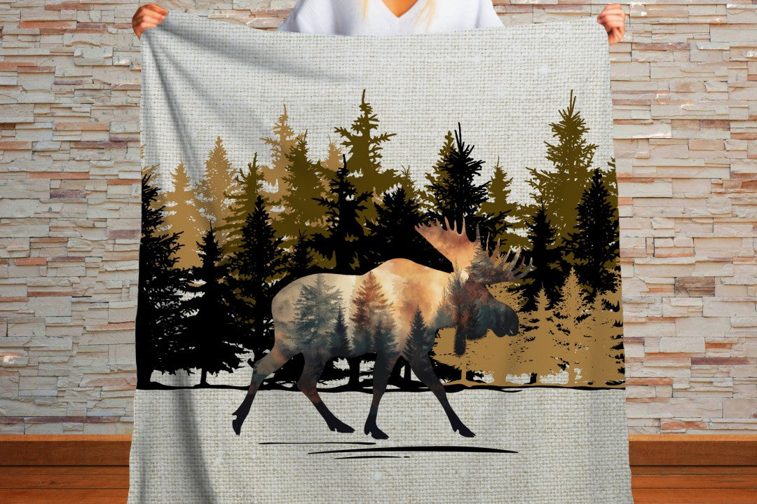 Sherpa Throw Blanket - Moose Silhouette in Woods - Soft Plush Throw Blanket